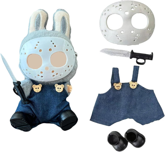 Halloween Clothes for Labubu, Halloween Scary Mask for 15-17cm Doll Accessories, Cute Halloween Costumes Set Included Mask, Outfit, Shoes, Knife