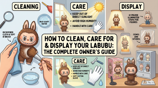 A comprehensive guide image for Labubu owners, presenting three distinct panels for Cleaning, Care, and Display, complete with a main title and visual examples for each step