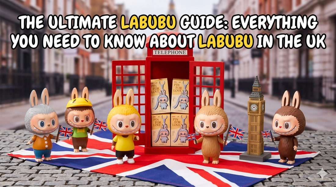 A vibrant photo of a diverse group of Labubu figures holding UK flags around a miniature red telephone box. The image is a fun and colorful guide to Labubu in the UK
