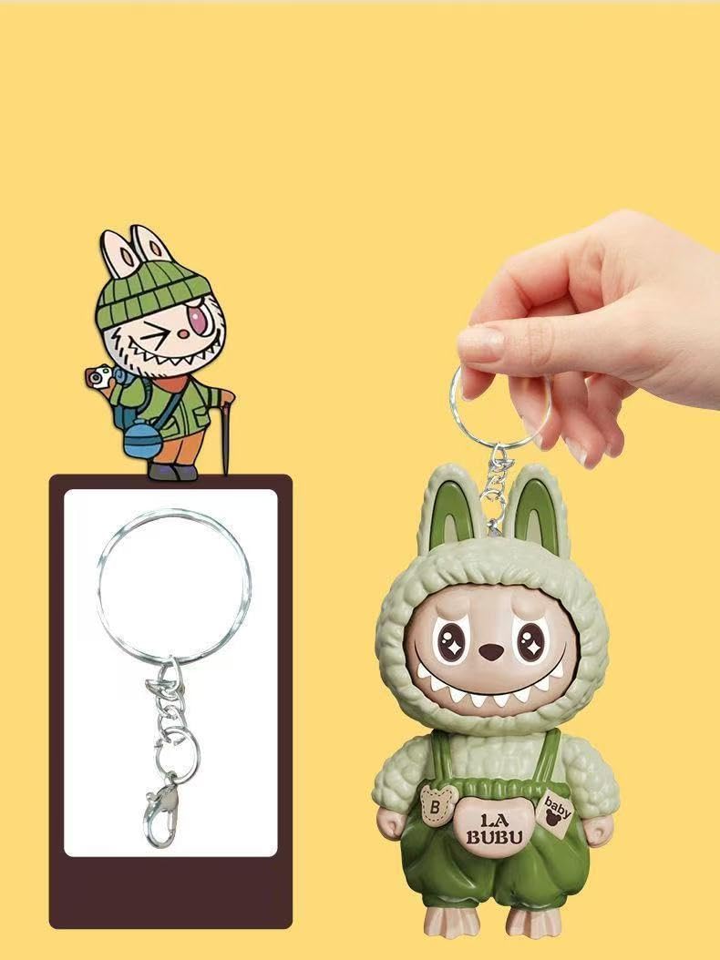 Labubu Keychain with Changeable Faces, Cartoon Key Chain for Bag Charms Handbag Purse Backpack Accessories - Green/Blue/Brown