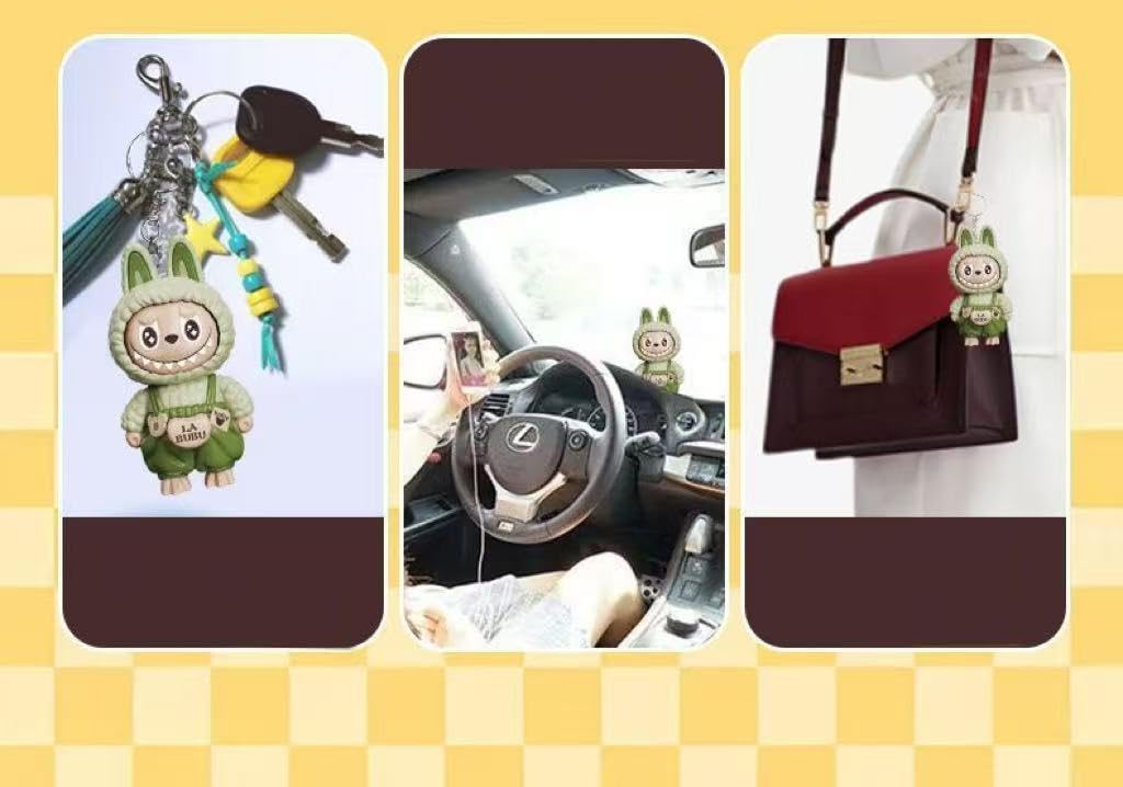 Labubu Keychain with Changeable Faces, Cartoon Key Chain for Bag Charms Handbag Purse Backpack Accessories - Green/Blue/Brown