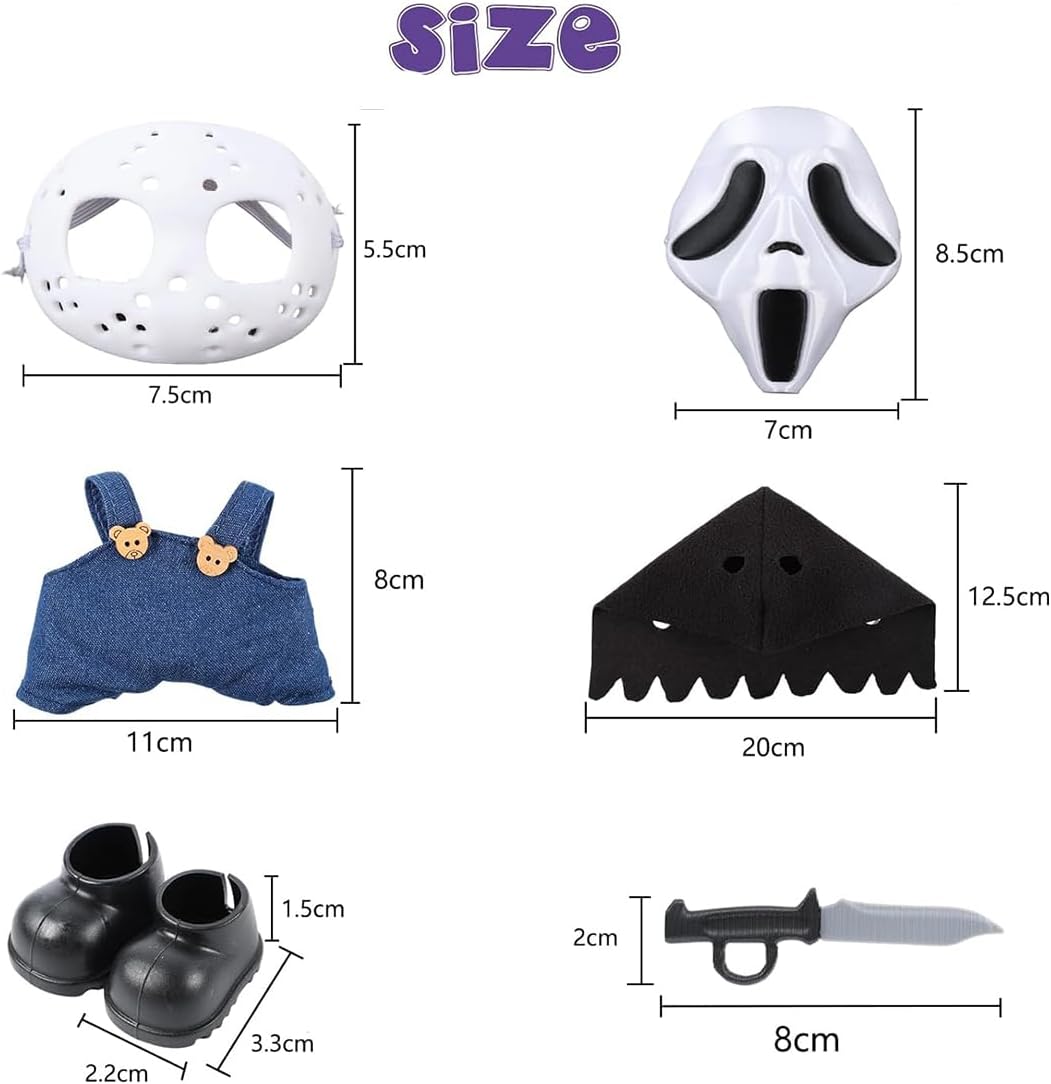 Halloween Clothes for Labubu Halloween Scary Mask for 15-17cm Doll Accessories, Cute Halloween Costumes Set Included Mask, Outfit, Shoes, Knife(2 sets)