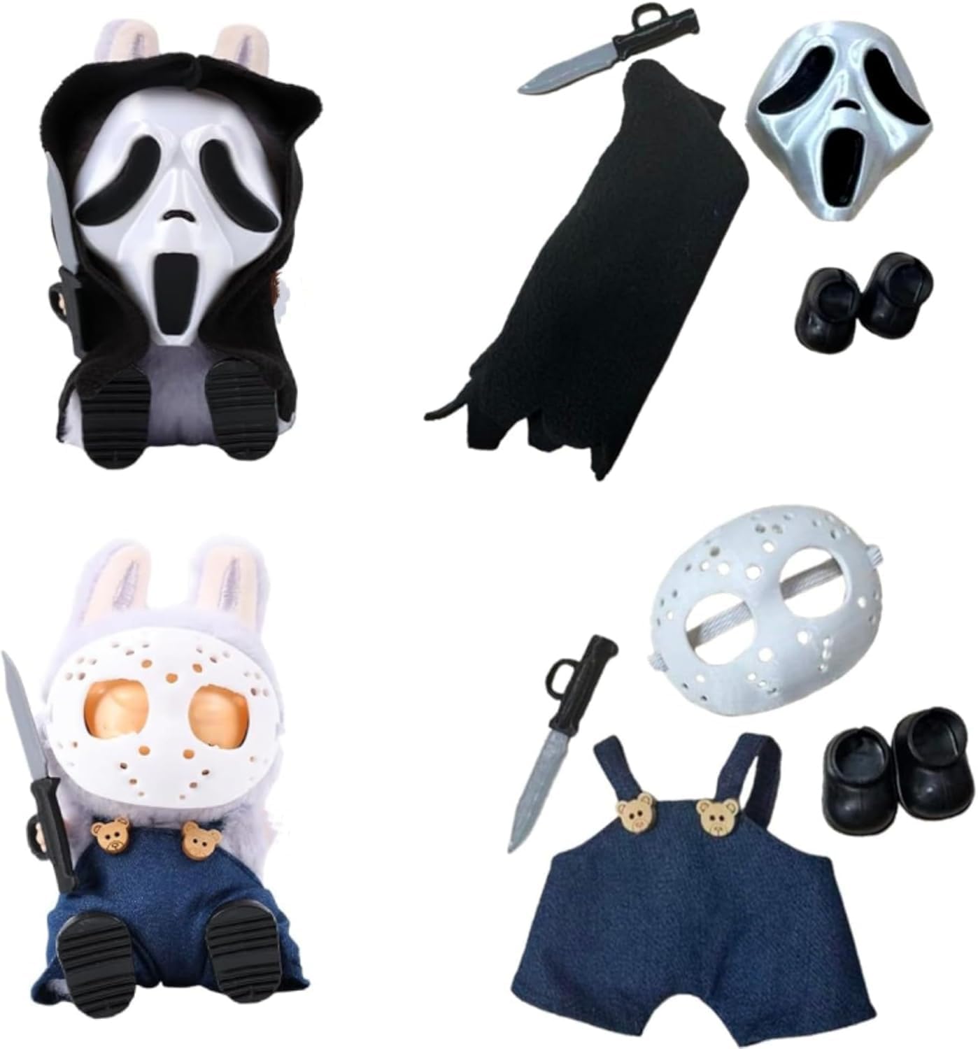 Halloween Clothes for Labubu Halloween Scary Mask for 15-17cm Doll Accessories, Cute Halloween Costumes Set Included Mask, Outfit, Shoes, Knife(2 sets)