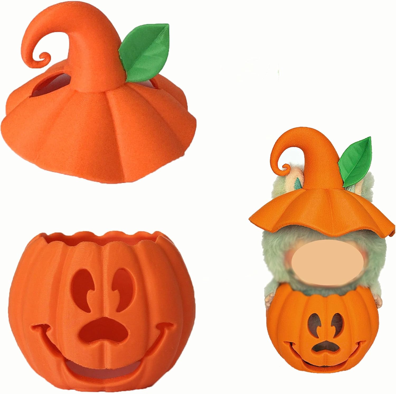 Halloween Pumpkin Hat & Holder Set for Labubu - Festive Decoration Figure Accessory，Halloween Decoration，Dorable Character Display Piece