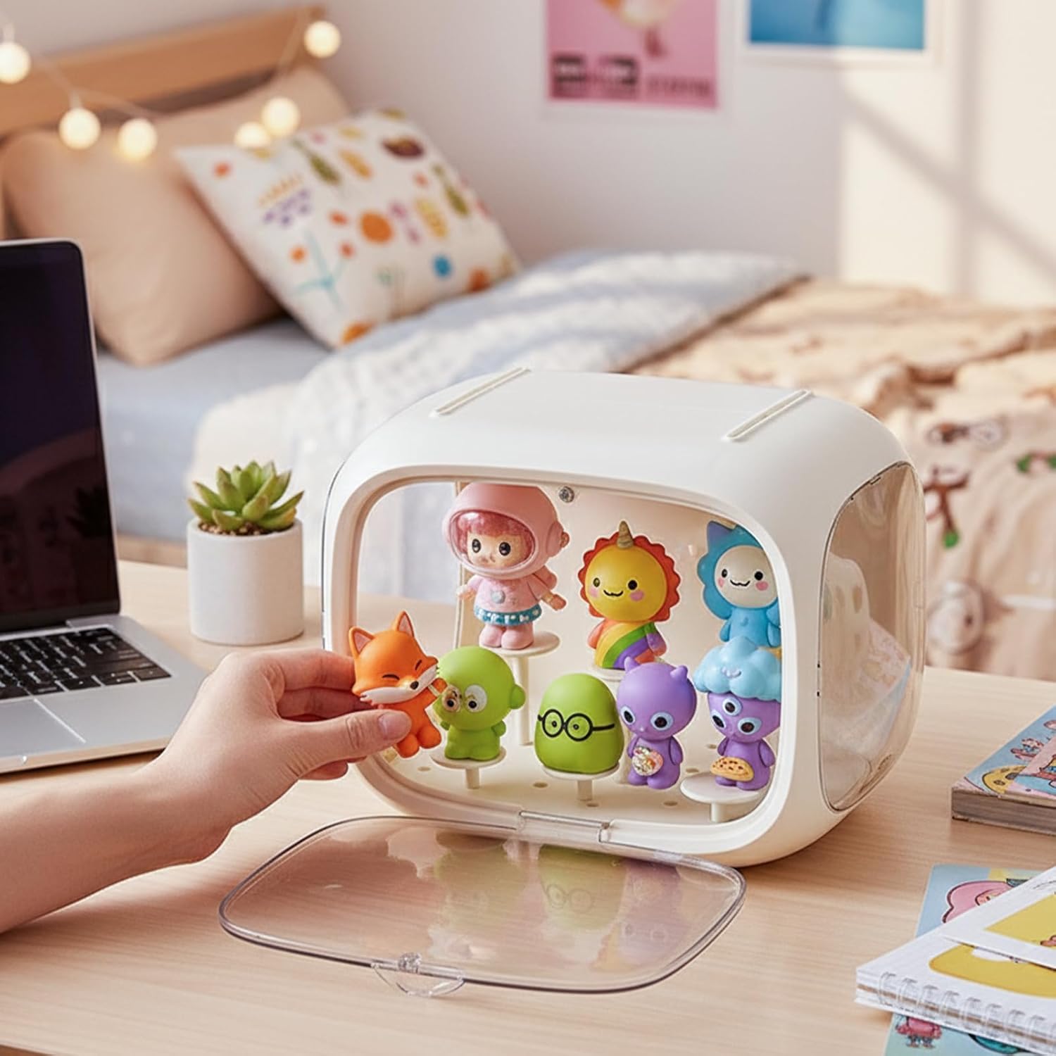 Display Case for Figures with Light, Adjustable Acrylic Display Figures, Tabletop Clear Display Box with Door Dust and Moisture Proof for Lego Collectibles Figures and Pop Mart