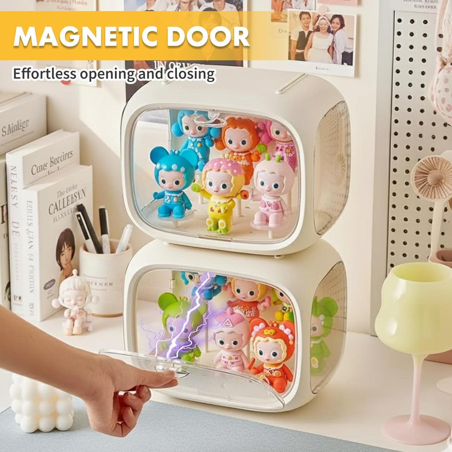 Display Case for Figures with Light, Adjustable Acrylic Display Figures, Tabletop Clear Display Box with Door Dust and Moisture Proof for Lego Collectibles Figures and Pop Mart