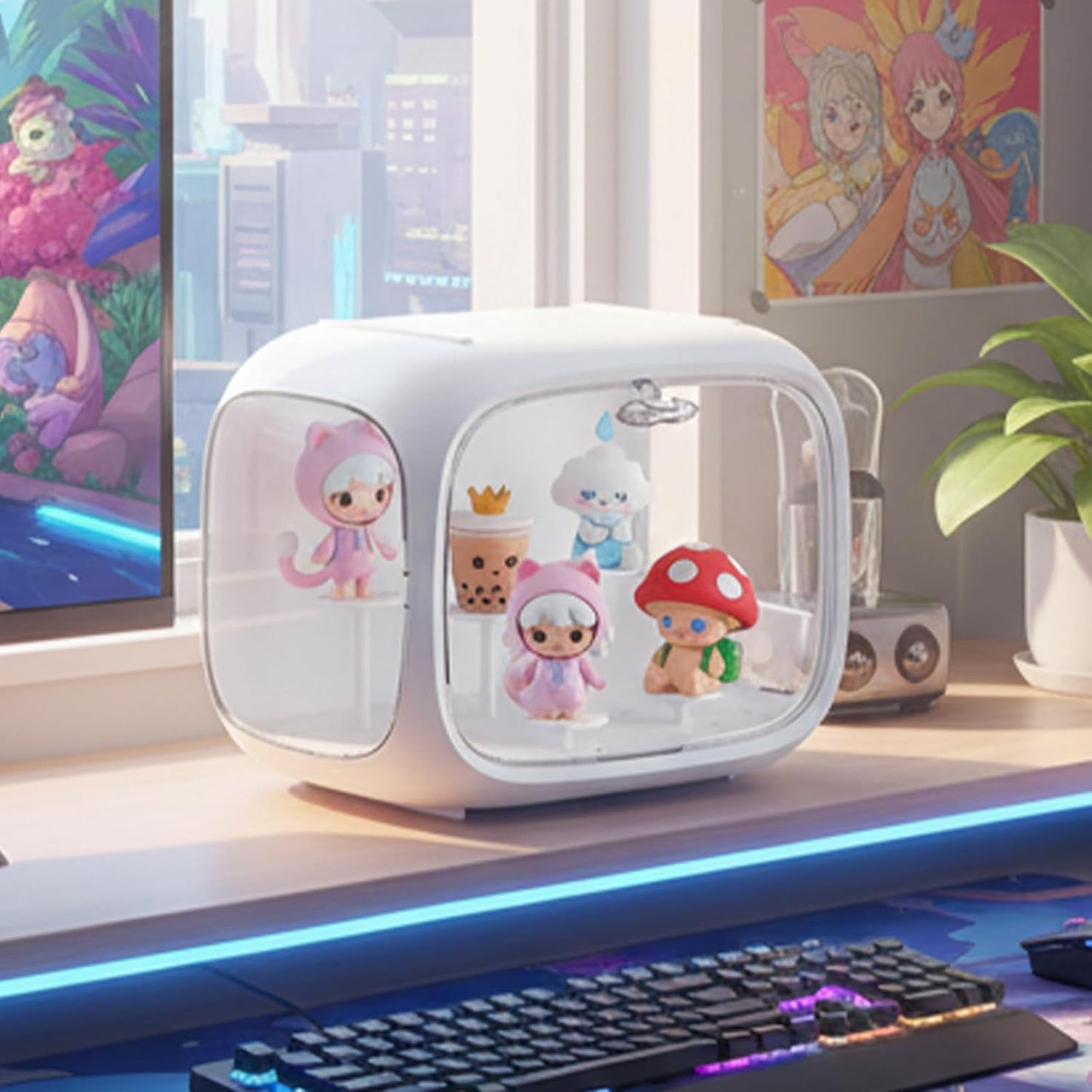 Display Case for Figures with Light, Adjustable Acrylic Display Figures, Tabletop Clear Display Box with Door Dust and Moisture Proof for Lego Collectibles Figures and Pop Mart