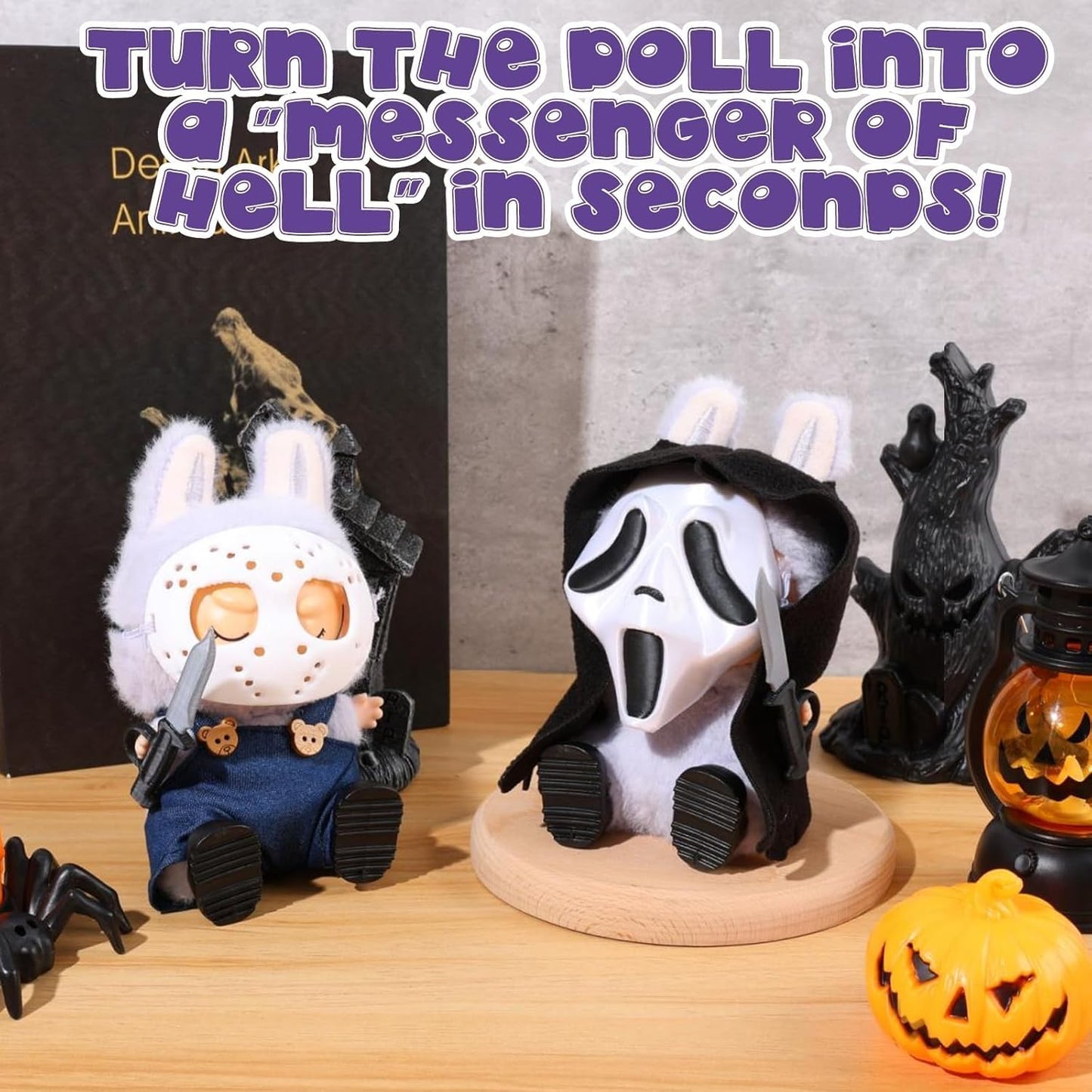 Halloween Clothes for Labubu Halloween Scary Mask for 15-17cm Doll Accessories, Cute Halloween Costumes Set Included Mask, Outfit, Shoes, Knife(2 sets)