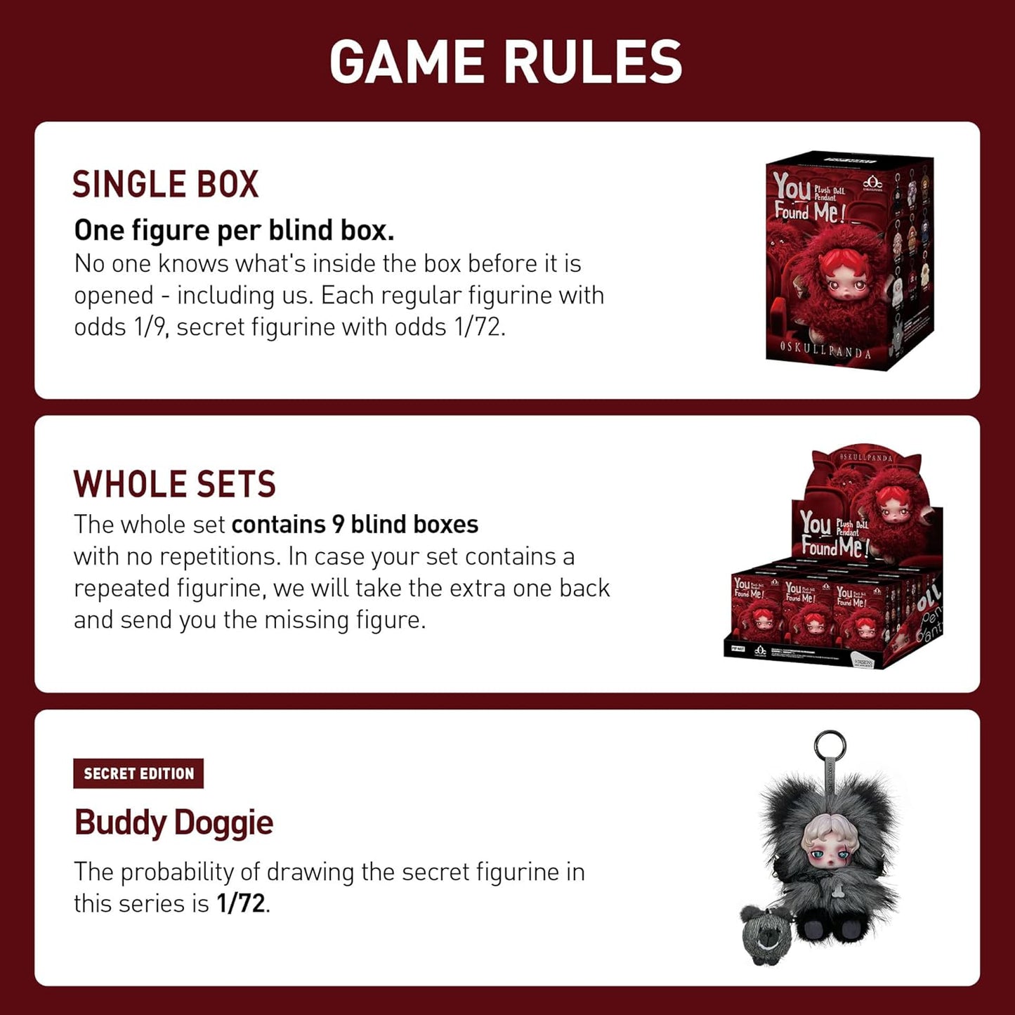 POP MART SKULLPANDA You Found Me! Series Plush Doll Pendant Blind Box Figures, Collectible Toys, Holiday Birthday Gifts for Girlfriend Daughter Girls and Boys, Single Box