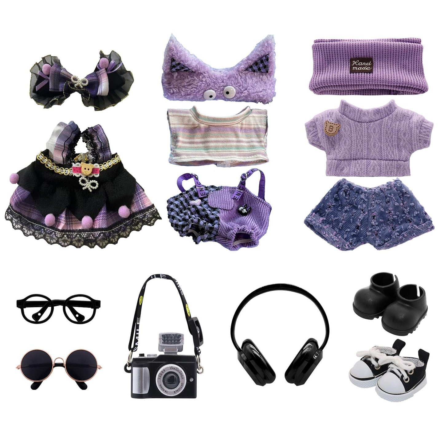 5-Pack Clothes Set Designed for Labubu Clothes with Accessories Set, Includes 6 Mini Accessories, Display Bag, Clothes Rack, Headphones, Camera, Sunglasses, Shoes Accessories for Labubu - Style A