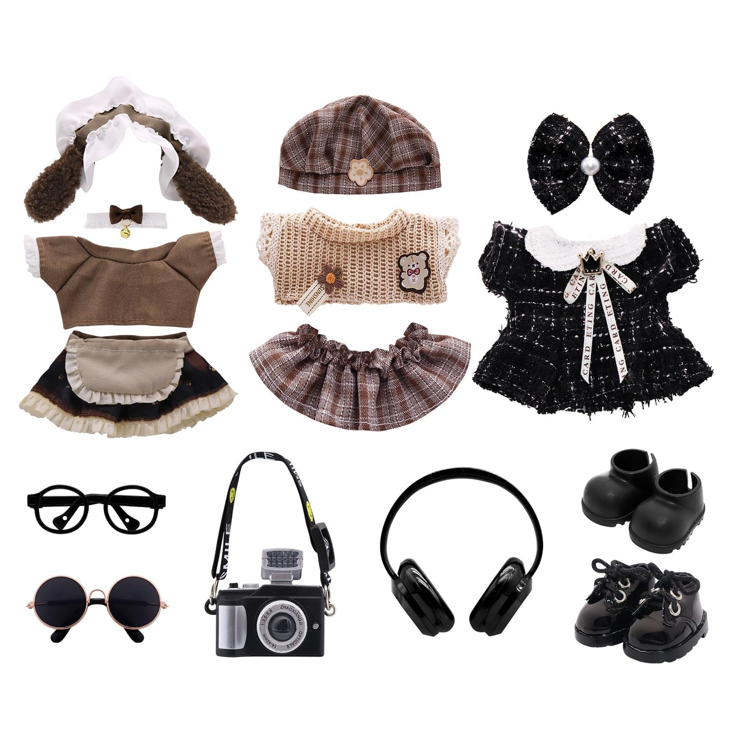 5-Pack Clothes Set Designed for Labubu Clothes with Accessories Set, Includes 6 Mini Accessories, Display Bag, Clothes Rack, Headphones, Camera, Sunglasses, Shoes Accessories for Labubu - Style A
