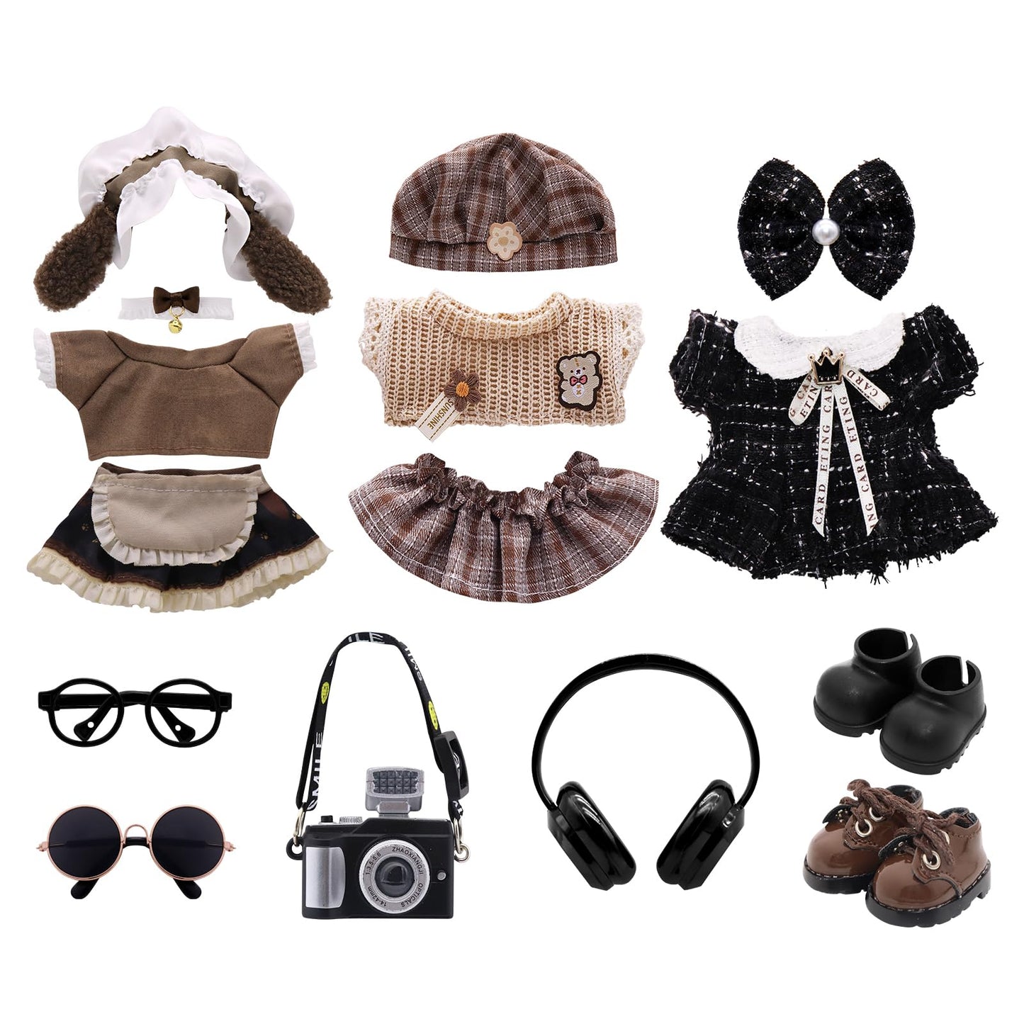 5-Pack Clothes Set Designed for Labubu Clothes with Accessories Set, Includes 6 Mini Accessories, Display Bag, Clothes Rack, Headphones, Camera, Sunglasses, Shoes Accessories for Labubu - Style A