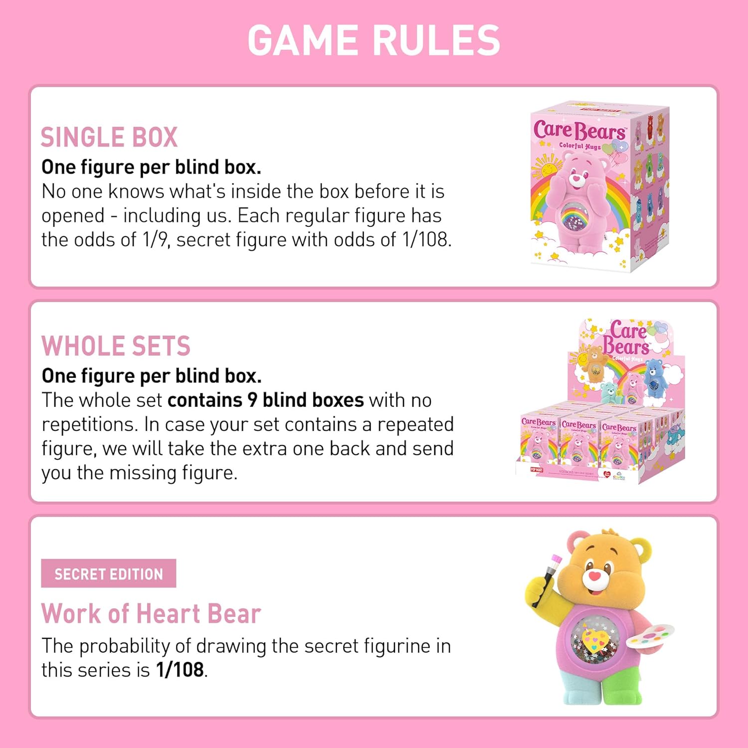 POP MART Care Bears Colorful Hugs Series Blind Box Figures, Random Design Action Figures Collectible Toys Home Decorations, Holiday Birthday Gifts for Girls and Boys, Single Box