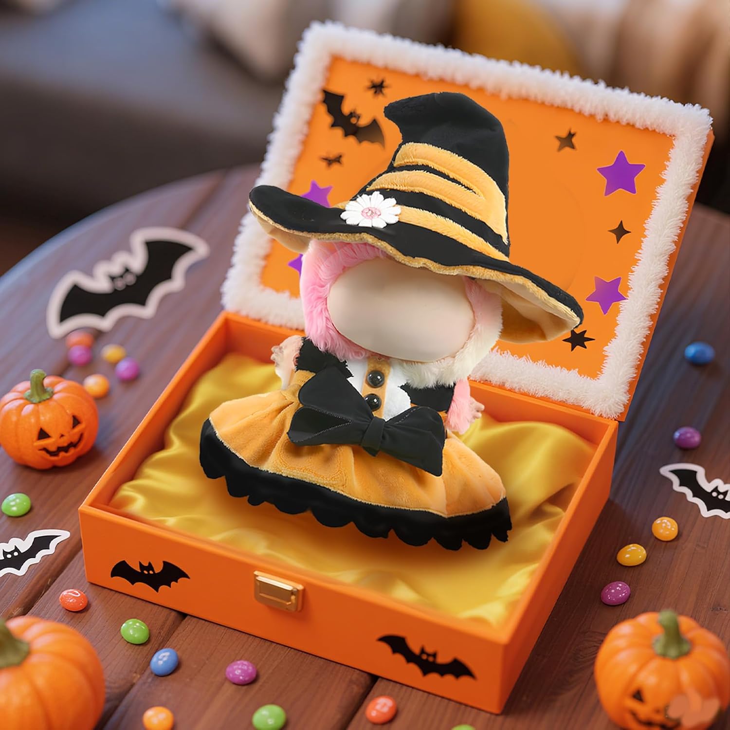 Halloween Clothes for LABUBU Doll (NO Doll), 2-Piece Sweetheart Witch Outfit for LABUBU 17cm Dolls, Halloween Accessories for LABUBU Dress Up - Witch Hat + Dress
