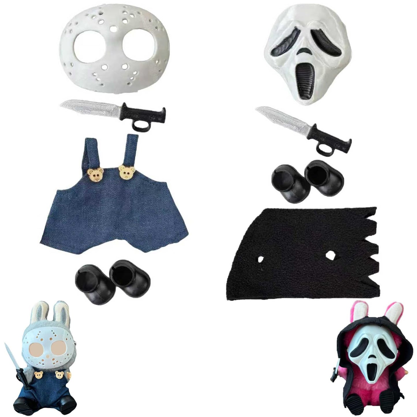 Halloween Clothes for Labubu, Halloween Scary Mask for 15-17cm Doll Accessories, Cute Halloween Costumes Set Included Mask, Outfit, Shoes, Knife