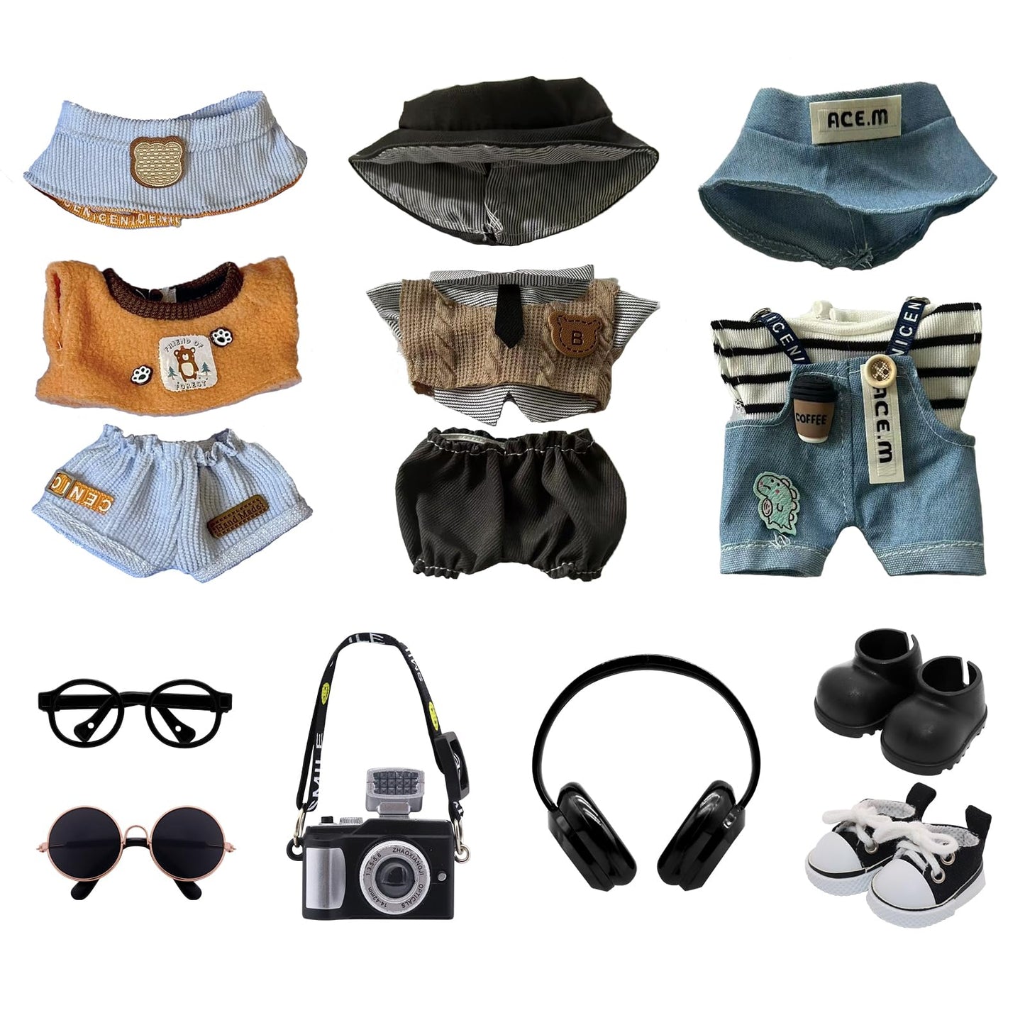 5-Pack Clothes Set Designed for Labubu Clothes with Accessories Set, Includes 6 Mini Accessories, Display Bag, Clothes Rack, Headphones, Camera, Sunglasses, Shoes Accessories for Labubu - Style A