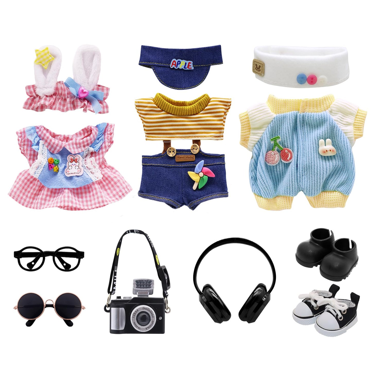 5-Pack Clothes Set Designed for Labubu Clothes with Accessories Set, Includes 6 Mini Accessories, Display Bag, Clothes Rack, Headphones, Camera, Sunglasses, Shoes Accessories for Labubu - Style A