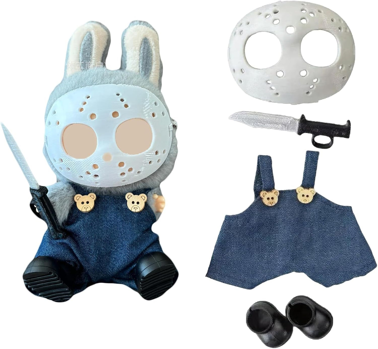 Halloween Clothes for Labubu, Halloween Scary Mask for 15-17cm Doll Accessories, Cute Halloween Costumes Set Included Mask, Outfit, Shoes, Knife