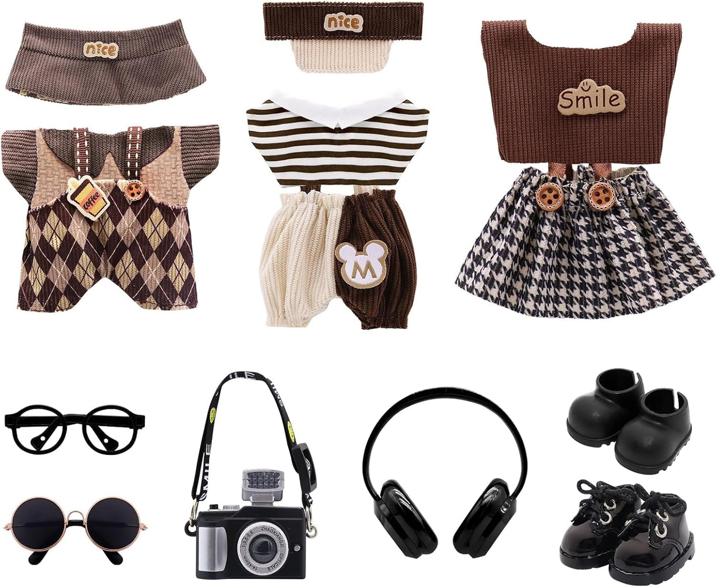 5-Pack Clothes Set Designed for Labubu Clothes with Accessories Set, Includes 6 Mini Accessories, Display Bag, Clothes Rack, Headphones, Camera, Sunglasses, Shoes Accessories for Labubu - Style A