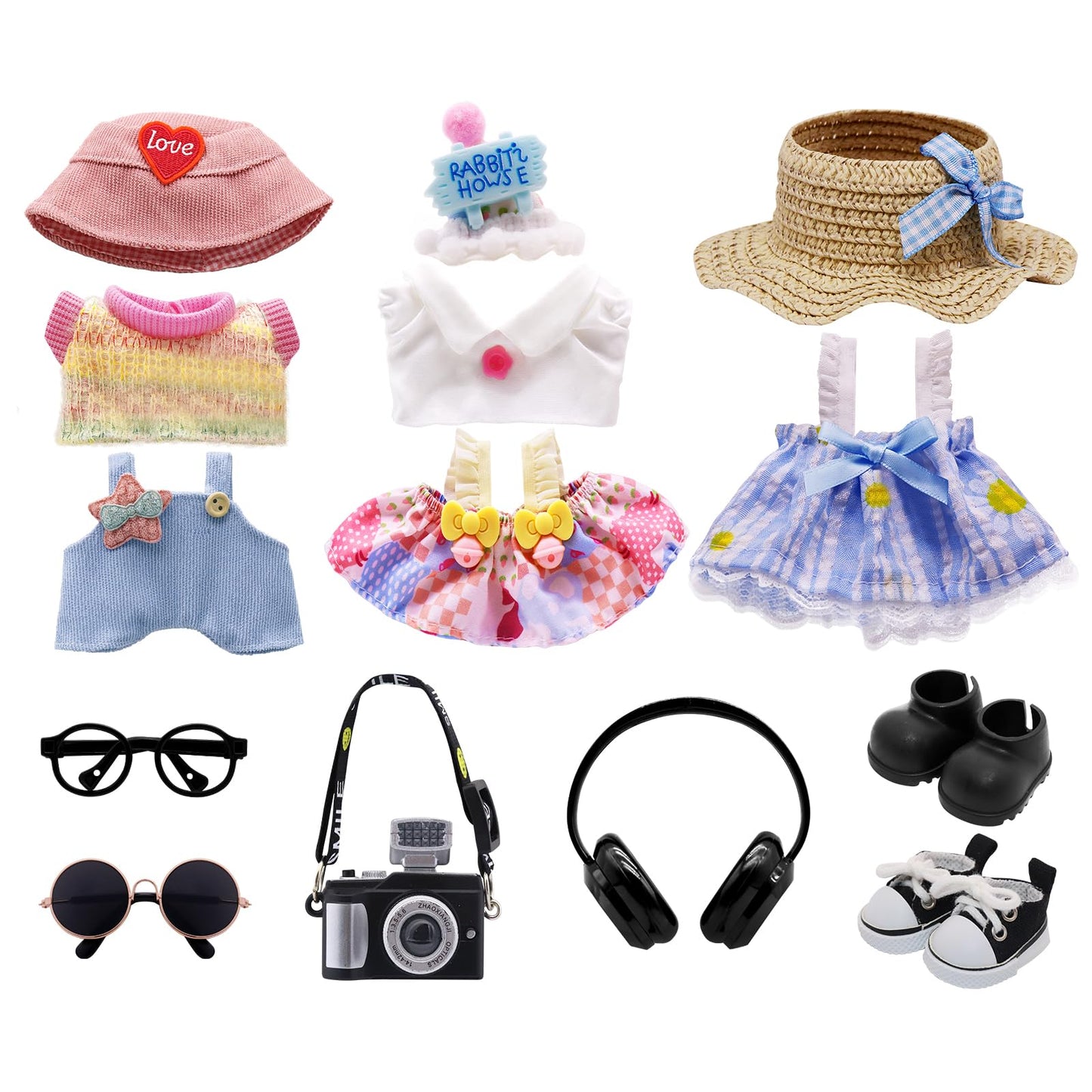 5-Pack Clothes Set Designed for Labubu Clothes with Accessories Set, Includes 6 Mini Accessories, Display Bag, Clothes Rack, Headphones, Camera, Sunglasses, Shoes Accessories for Labubu - Style A