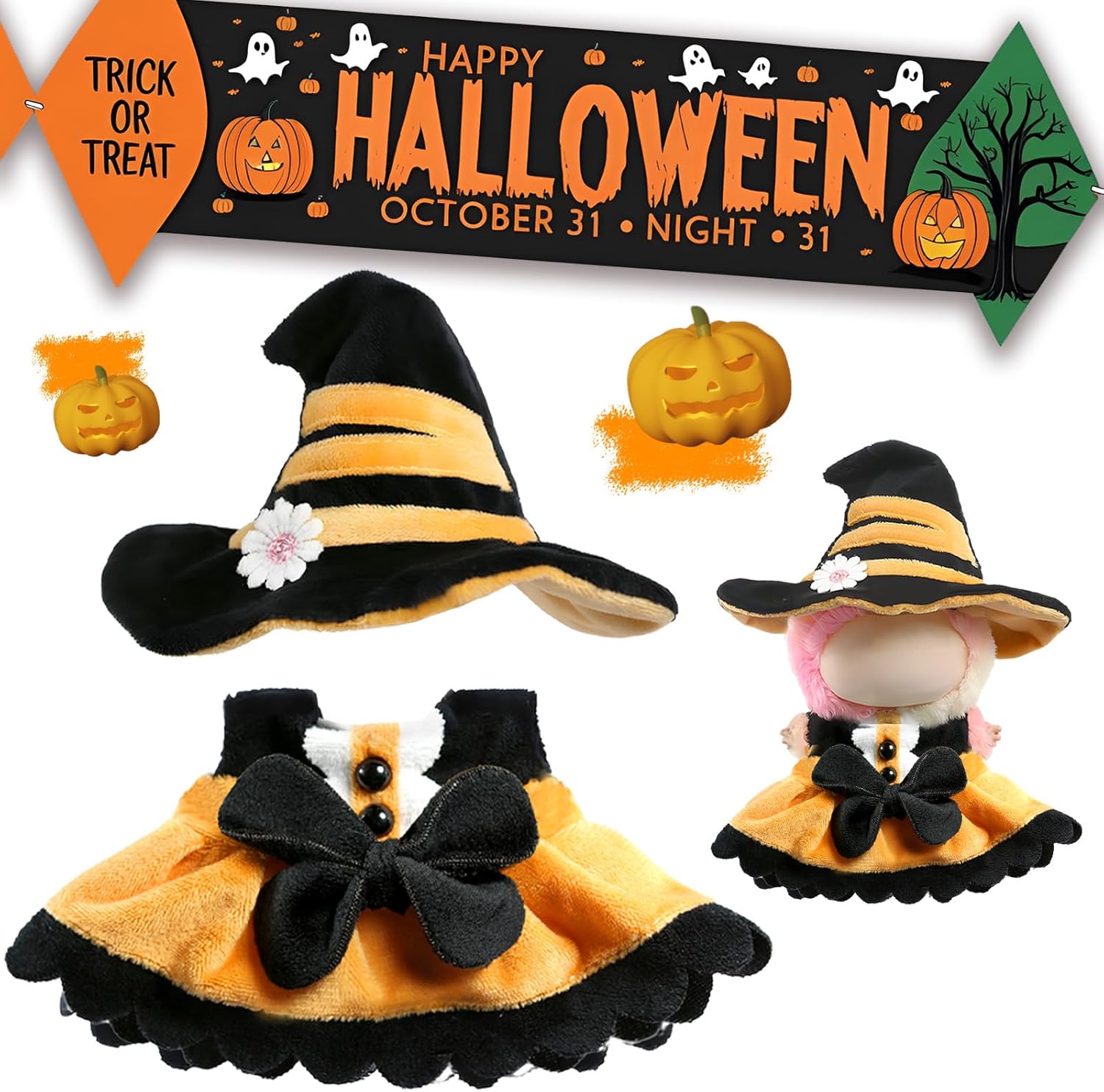 Halloween Clothes for LABUBU Doll (NO Doll), 2-Piece Sweetheart Witch Outfit for LABUBU 17cm Dolls, Halloween Accessories for LABUBU Dress Up - Witch Hat + Dress