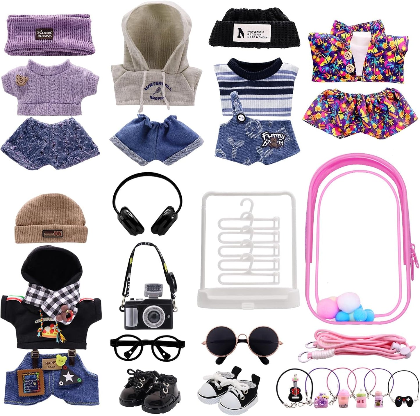 5-Pack Clothes Set Designed for Labubu Clothes with Accessories Set, Includes 6 Mini Accessories, Display Bag, Clothes Rack, Headphones, Camera, Sunglasses, Shoes Accessories for Labubu - Style A