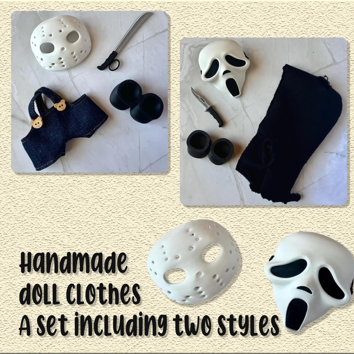 Halloween Clothes for Labubu, Halloween Scary Mask for 15-17cm Doll Accessories, Cute Halloween Costumes Set Included Mask, Outfit, Shoes, Knife