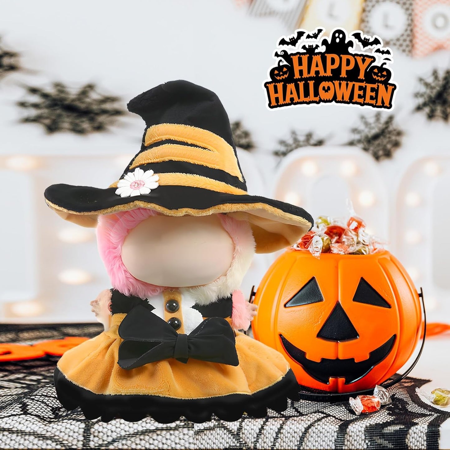 Halloween Clothes for LABUBU Doll (NO Doll), 2-Piece Sweetheart Witch Outfit for LABUBU 17cm Dolls, Halloween Accessories for LABUBU Dress Up - Witch Hat + Dress