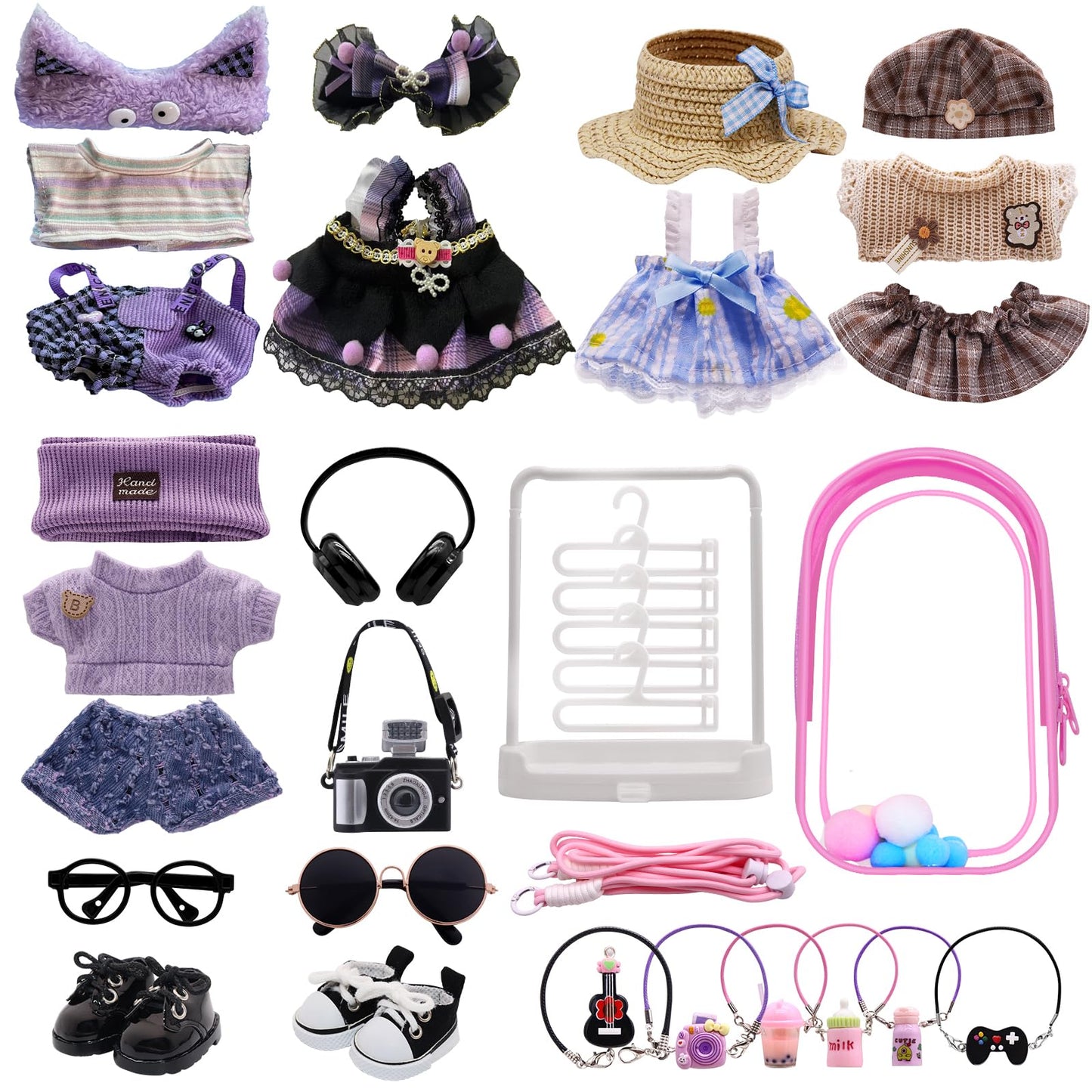 5-Pack Clothes Set Designed for Labubu Clothes with Accessories Set, Includes 6 Mini Accessories, Display Bag, Clothes Rack, Headphones, Camera, Sunglasses, Shoes Accessories for Labubu - Style A
