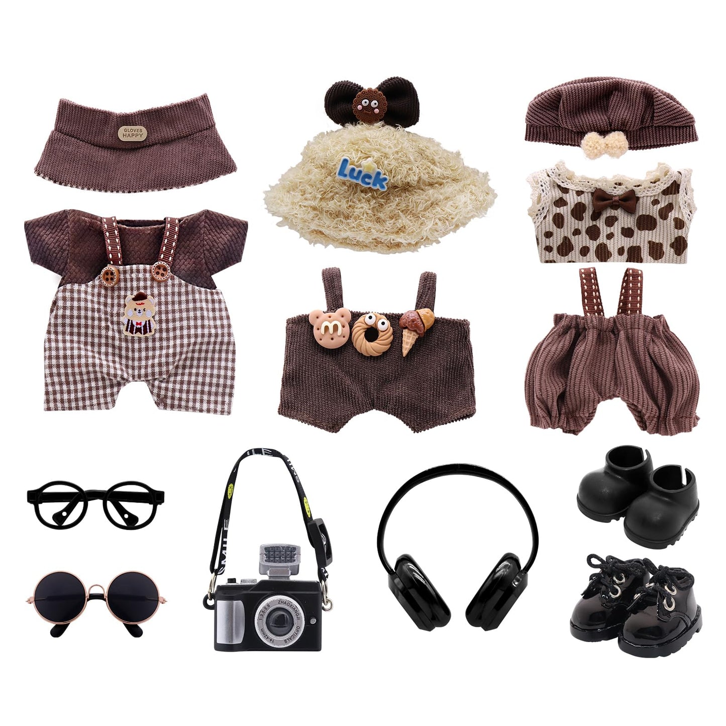 5-Pack Clothes Set Designed for Labubu Clothes with Accessories Set, Includes 6 Mini Accessories, Display Bag, Clothes Rack, Headphones, Camera, Sunglasses, Shoes Accessories for Labubu - Style A