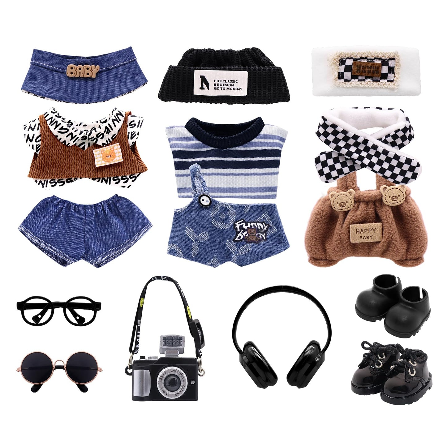 5-Pack Clothes Set Designed for Labubu Clothes with Accessories Set, Includes 6 Mini Accessories, Display Bag, Clothes Rack, Headphones, Camera, Sunglasses, Shoes Accessories for Labubu - Style A