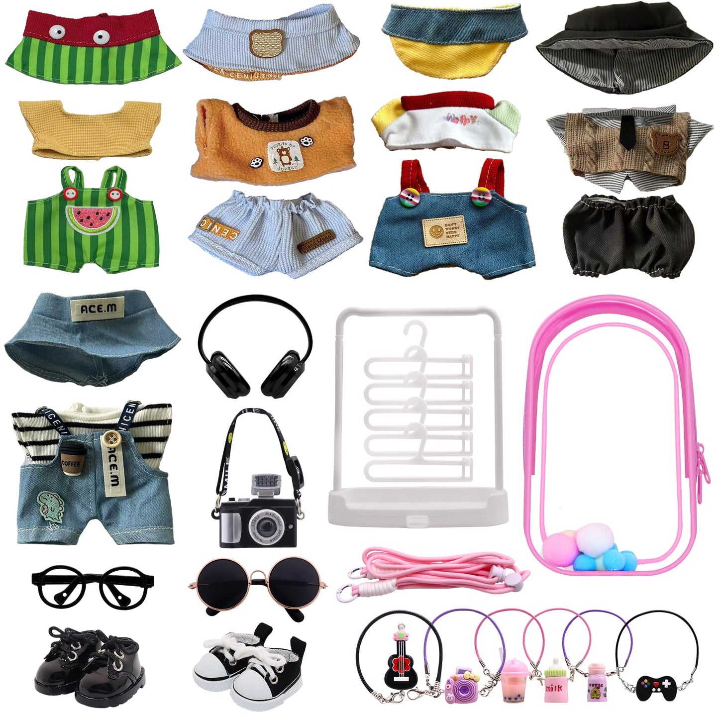 5-Pack Clothes Set Designed for Labubu Clothes with Accessories Set, Includes 6 Mini Accessories, Display Bag, Clothes Rack, Headphones, Camera, Sunglasses, Shoes Accessories for Labubu - Style A