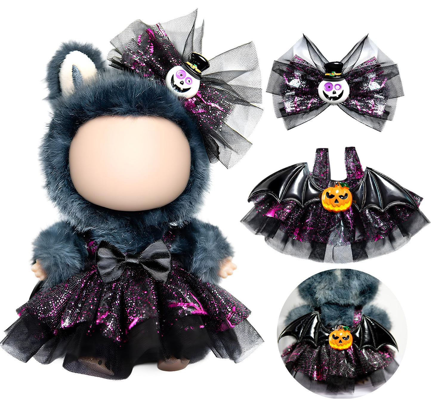 Halloween Clothes for LABUBU Doll (NO Doll), 2-Piece Sweetheart Witch Outfit for LABUBU 17cm Dolls, Halloween Accessories for LABUBU Dress Up - Witch Hat + Dress