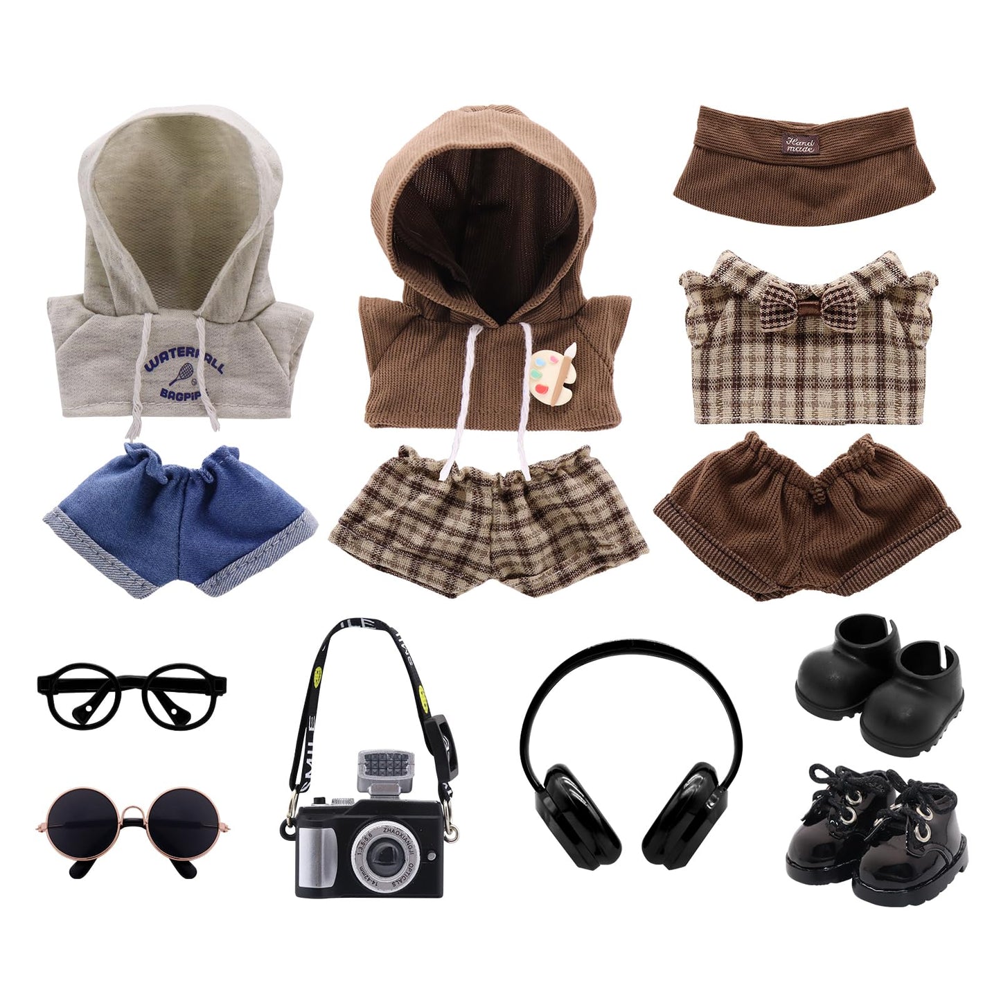 5-Pack Clothes Set Designed for Labubu Clothes with Accessories Set, Includes 6 Mini Accessories, Display Bag, Clothes Rack, Headphones, Camera, Sunglasses, Shoes Accessories for Labubu - Style A