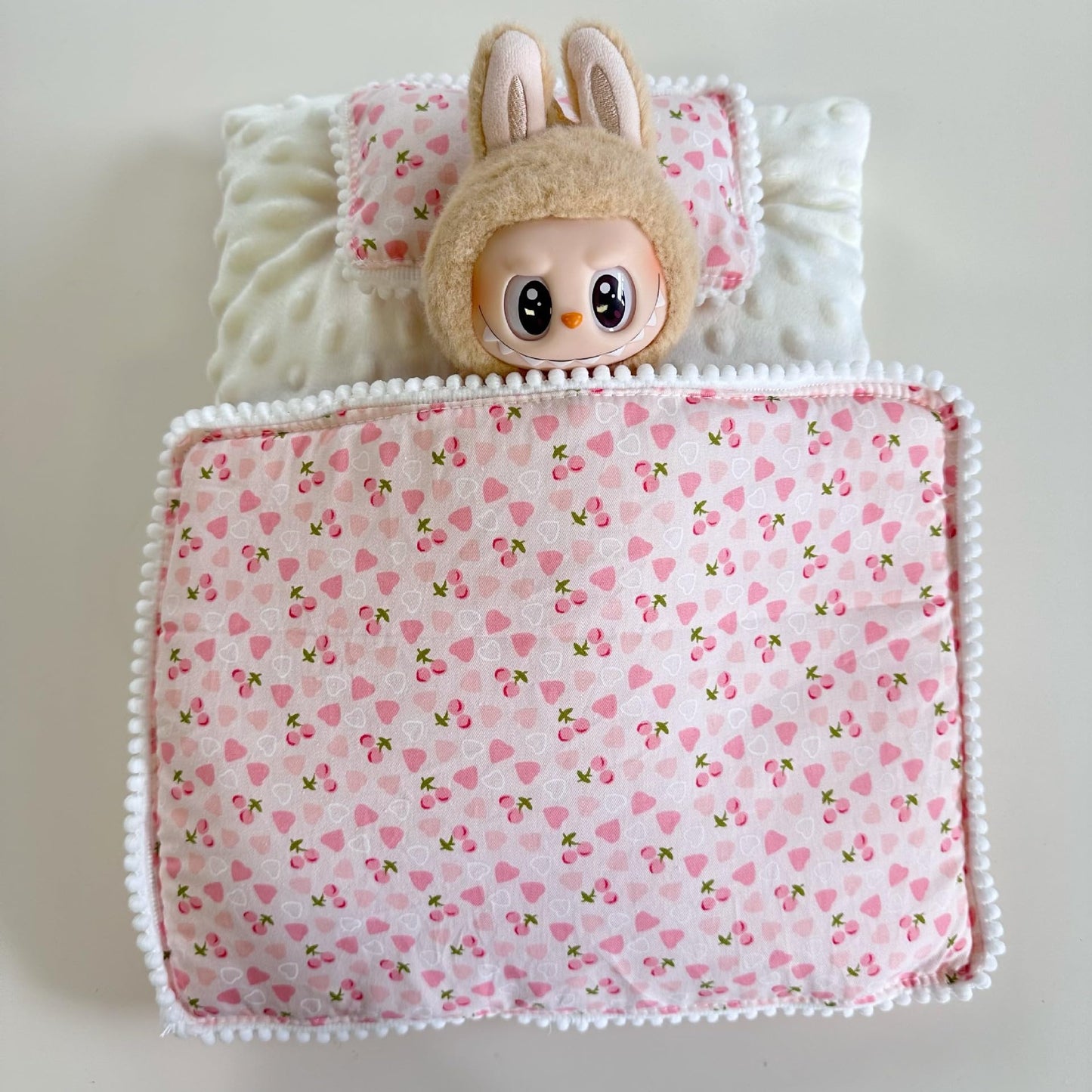 Bedding Set for 17cm labubu Doll, 3-Piece Pillow, Mattress & Blanket, Pink Heart, Yellow Pineapple & Pink Cake Designs (No Doll) (Pink Heart)