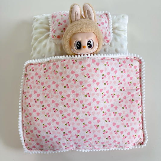 Bedding Set for 17cm labubu Doll, 3-Piece Pillow, Mattress & Blanket, Pink Heart, Yellow Pineapple & Pink Cake Designs (No Doll) (Pink Heart)