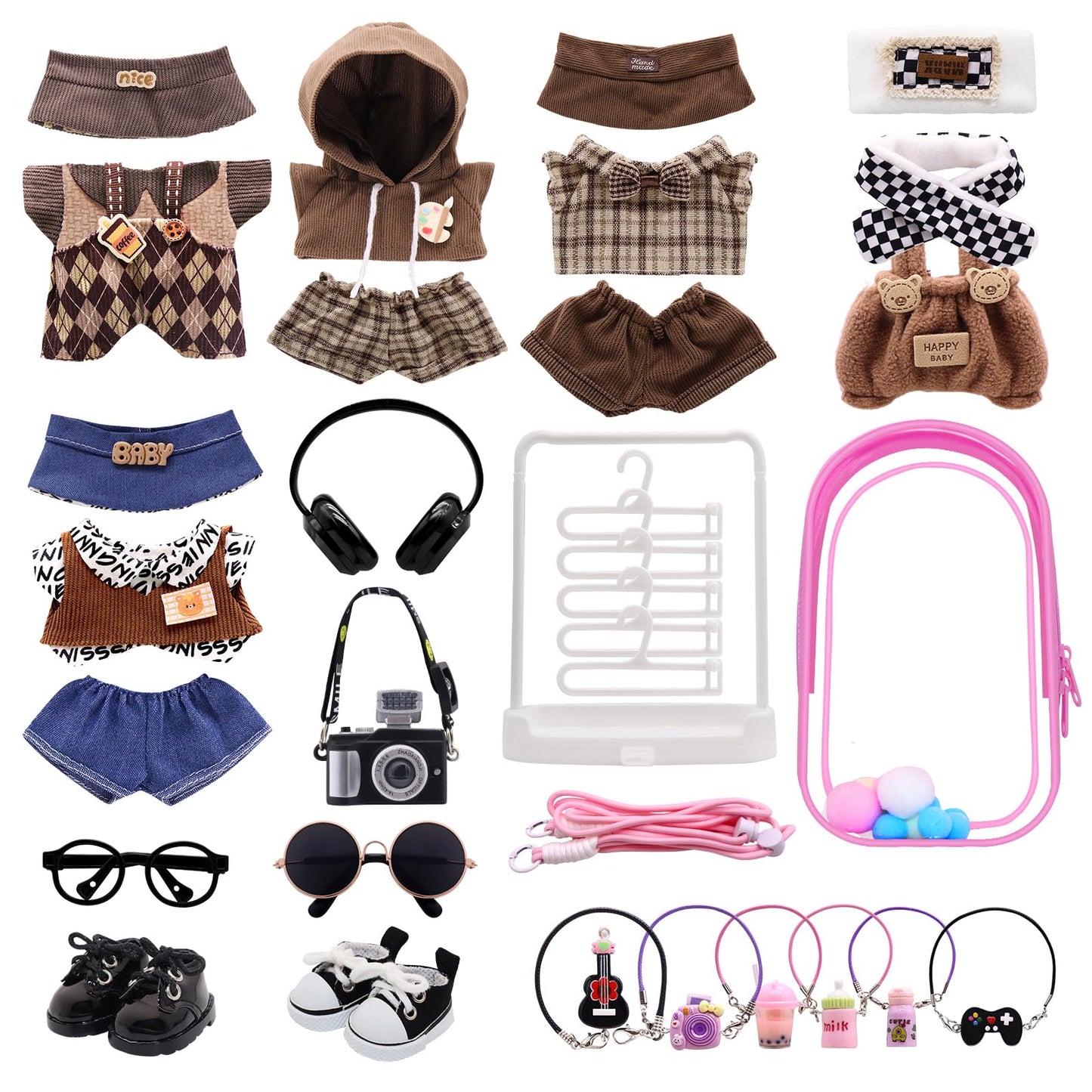 5-Pack Clothes Set Designed for Labubu Clothes with Accessories Set, Includes 6 Mini Accessories, Display Bag, Clothes Rack, Headphones, Camera, Sunglasses, Shoes Accessories for Labubu - Style A