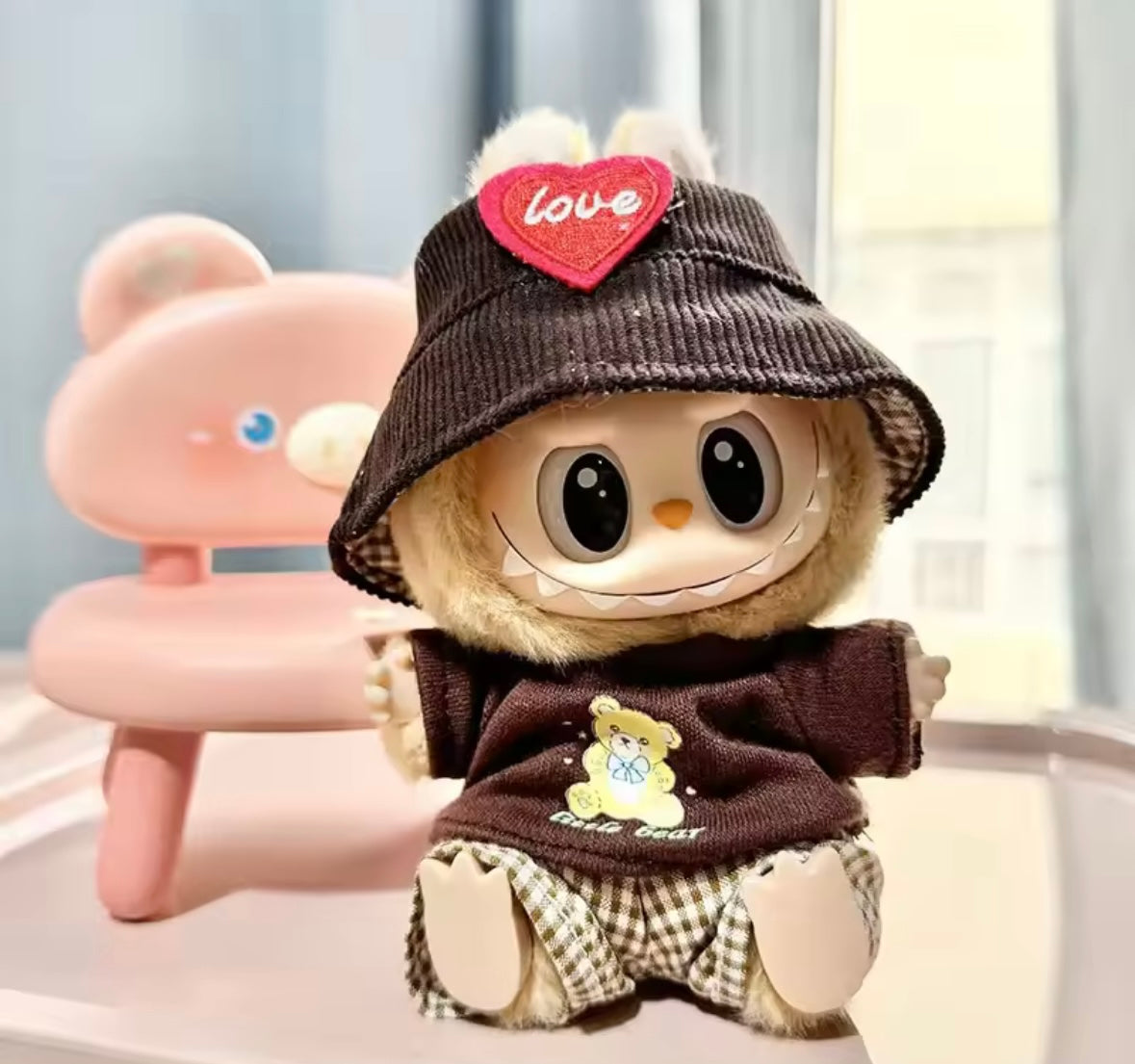 Clothes for Doll, Cute Outfit Set with Hat & Accessories for 17cm Dolls,Soft Cotton Clothing (No Doll) - Pink, Green, Red, Blue, White & Multicolour Options for Labubu