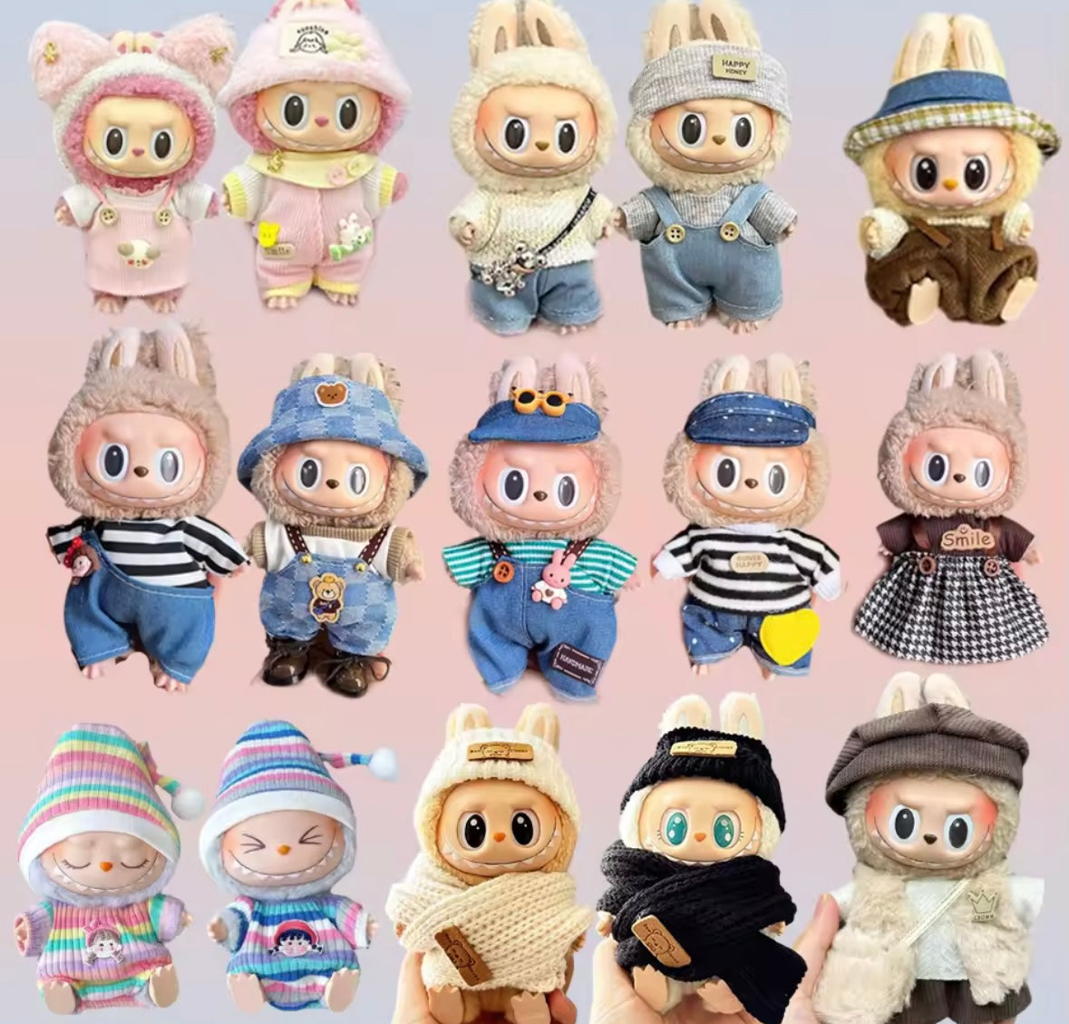 Clothes for Doll, Cute Outfit Set with Hat & Accessories for 17cm Dolls,Soft Cotton Clothing (No Doll) - Pink, Green, Red, Blue, White & Multicolour Options for Labubu