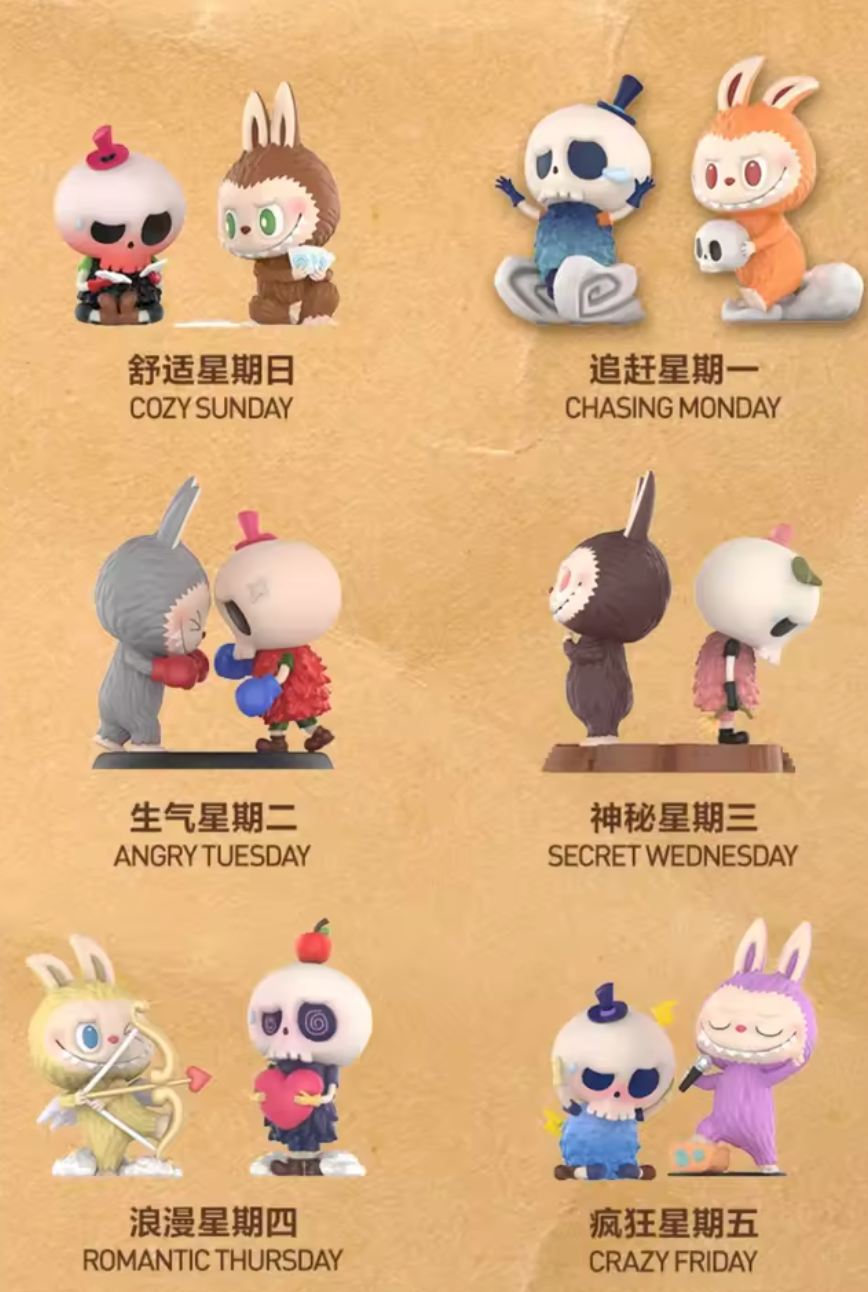 Set of cartoon figurines representing each day of the week on a brown background.