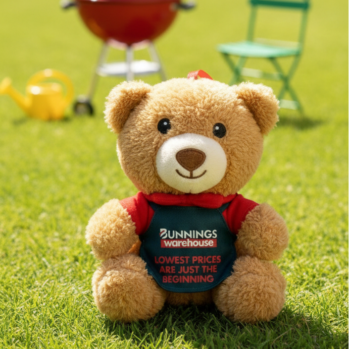 Bogan labubu bunnings figure dressed in Aussie workwear standing in a grassy backyard setting with a garden shed in the background