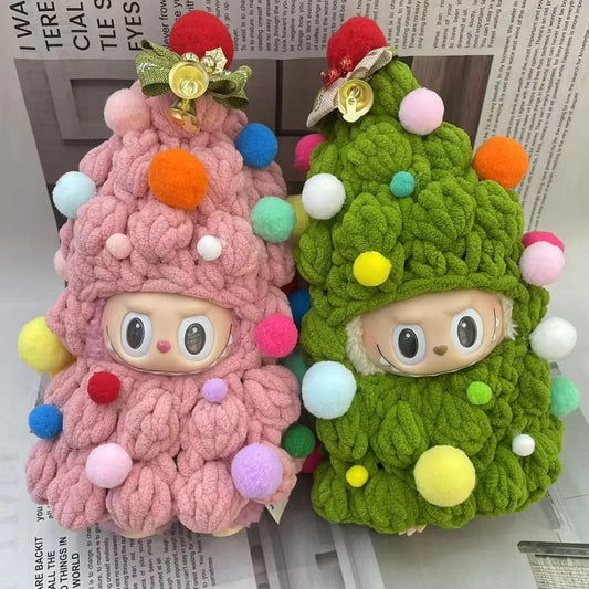 Handmade crochet Christmas tree outfit in pink and green for 17cm Labubu doll