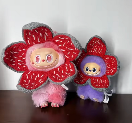 Front view of Demogorgon Labubu vinyl figure showing open petal face and sharp teeth