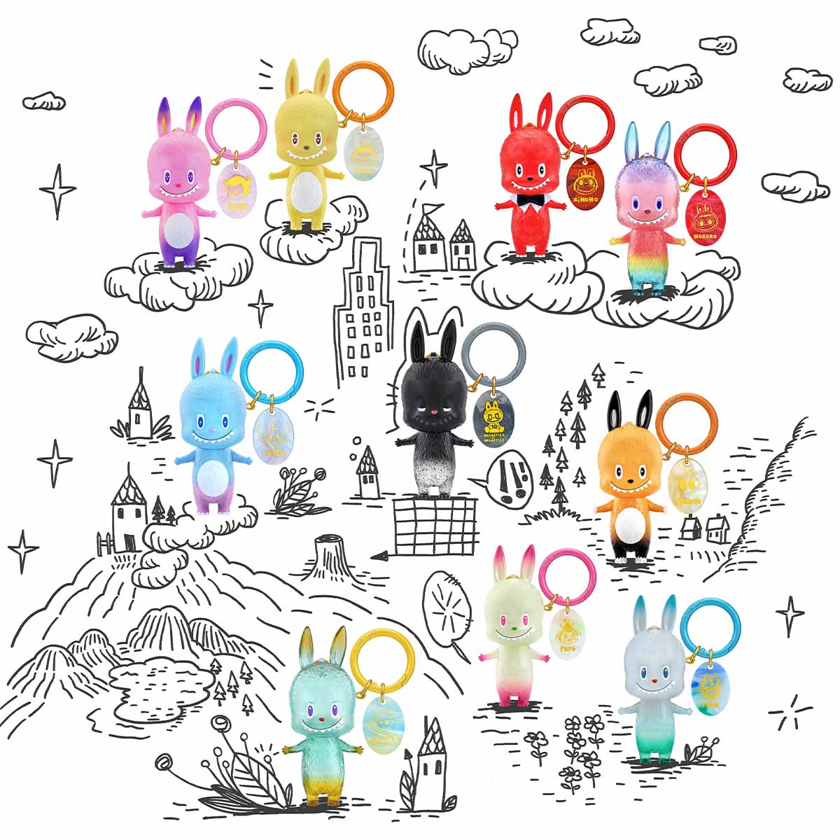 Light blue Labubu character figure posed against a black and white stylized urban illustration