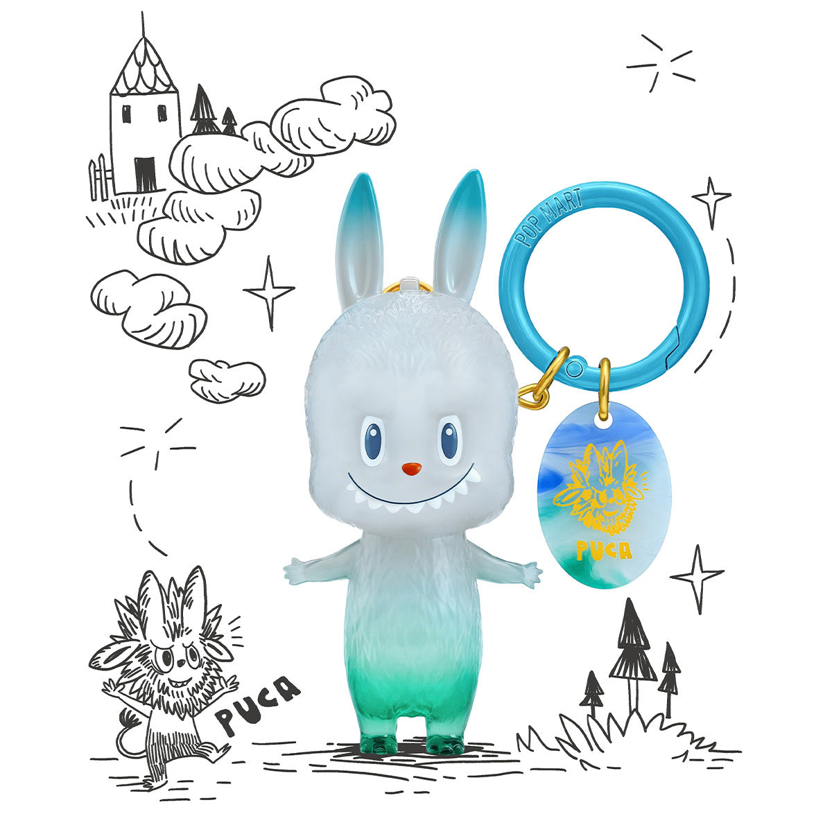 Orange Labubu character figure posed against a black and white stylized urban illustration