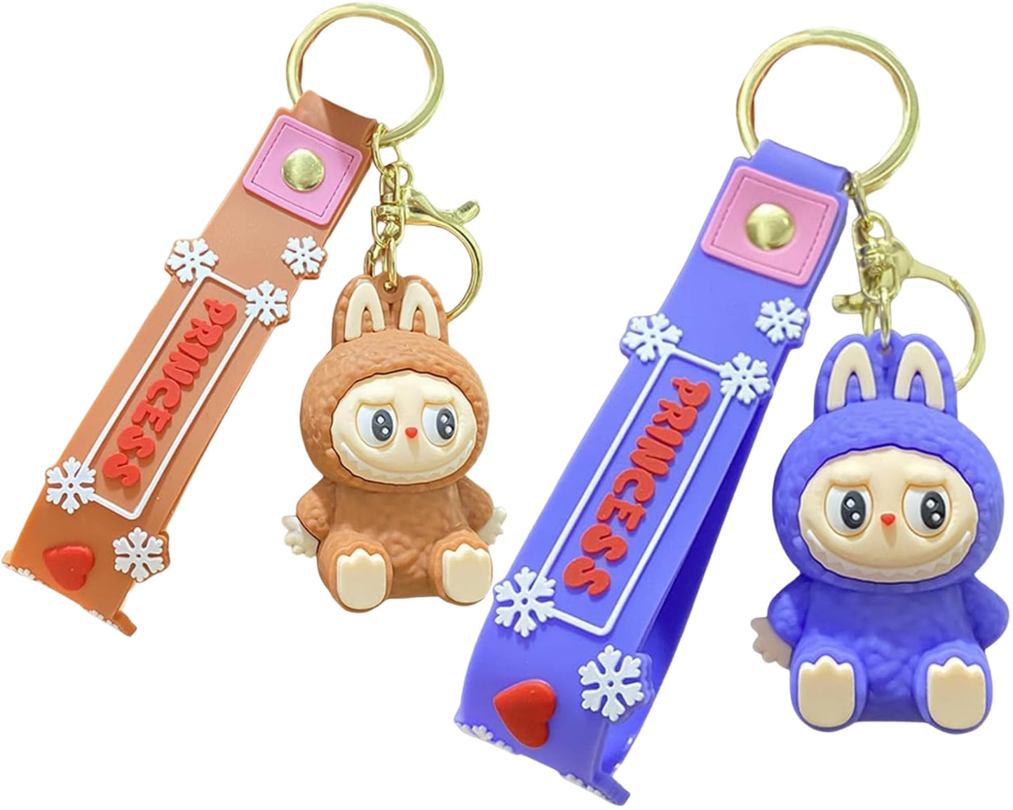 Set of two Labubu-style plush keychains on fabric lanyard straps, bag charms