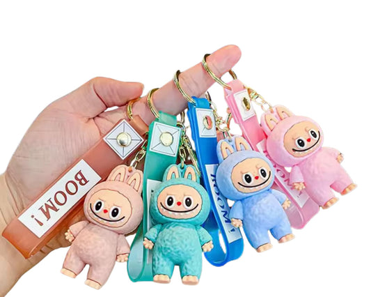 Set of two cute Labubu-style plush keychain bag charms in pastel colours