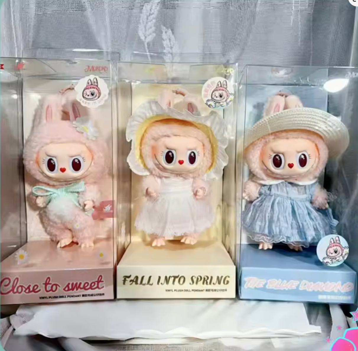 Labubu Mokoko vinyl plush dolls, Pop Mart Popland Exclusive designs including Close to Sweet, Fall into Spring, The Blue Diamond and many more Labubu Toys