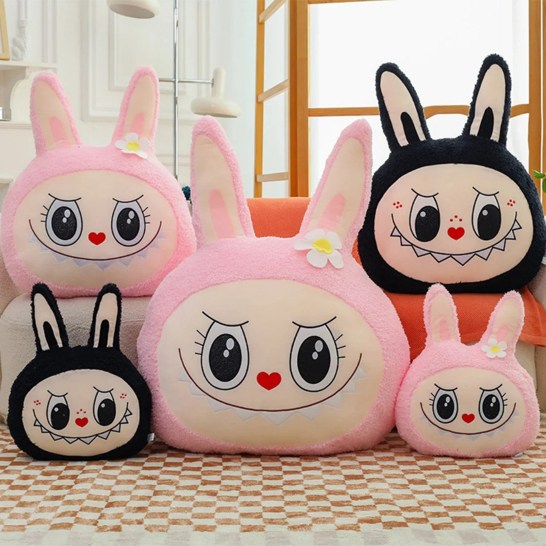 Labubu-style plush pillow cushion with rabbit face in pink and black