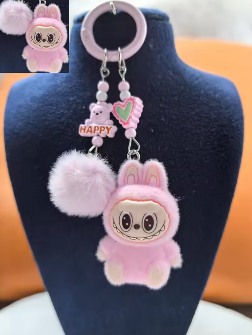 Mini Labubu pompom plush keychain bag charm with steel clip
